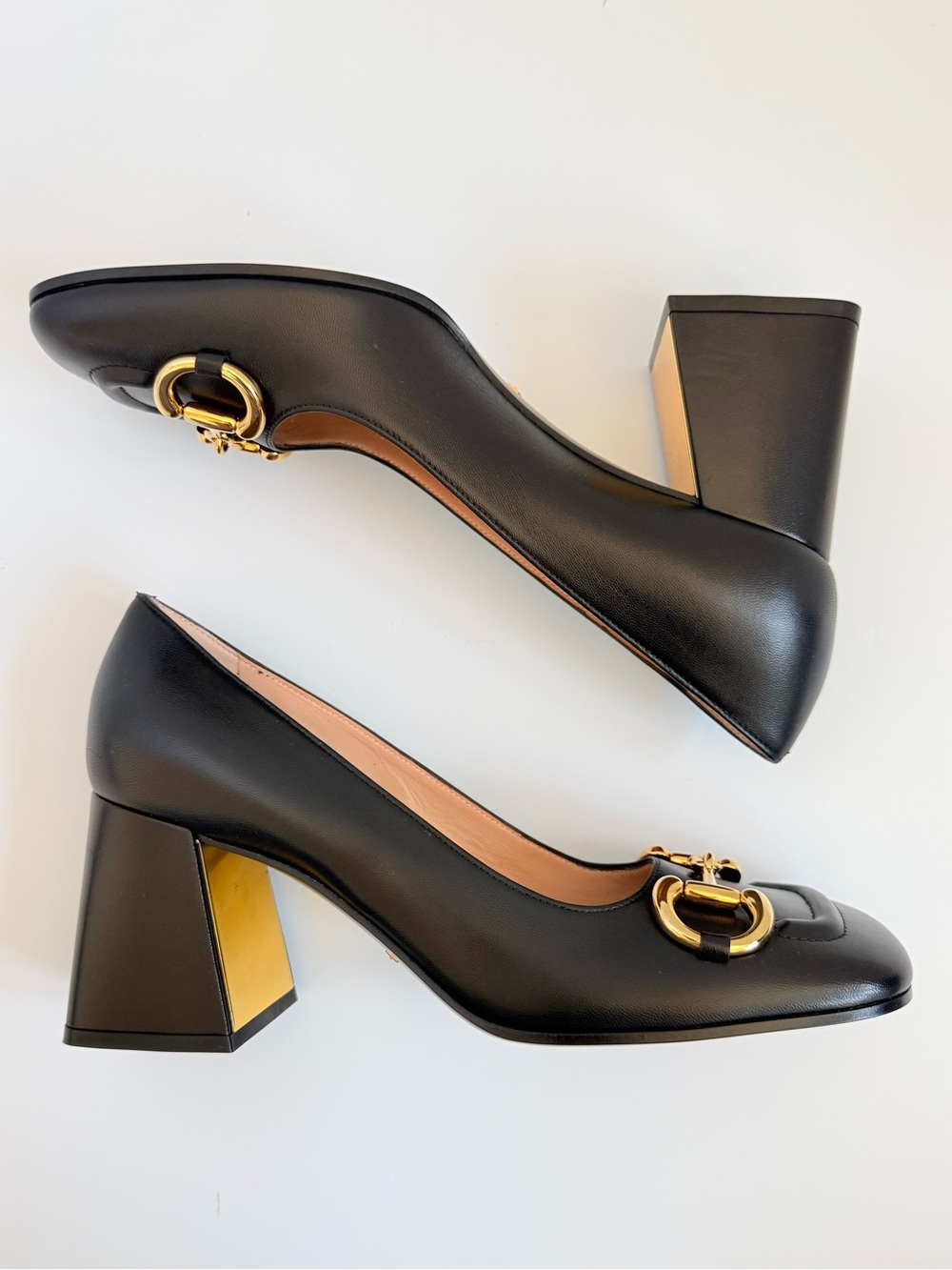 Gucci Malaga Kid Leather baby Horsebit Pumps Black Gold Block Heel EU 39 New - Picture 5 of 11